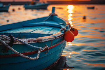 A blue wooden boat on calm water at sunset