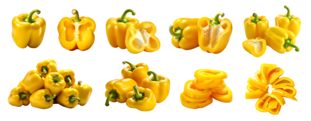 Yellow Capsicum bell pepper fruit vegetable, many angles and view side top front cluster group slice cut isolated on transparent background cutout, PNG file. Mockup template for artwork graphic design