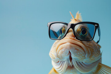 Surreal Fish with Sunglasses on Pastel Background - Creative Anthropomorphic Animal Concept for Commercial and Editorial Advertising - obrazy, fototapety, plakaty