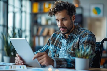 A focused male professional reviewing data on a tablet in an office setting