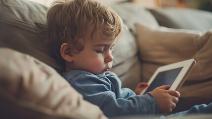 A toddler sits on a couch and watches a video on a tablet - obrazy, fototapety, plakaty