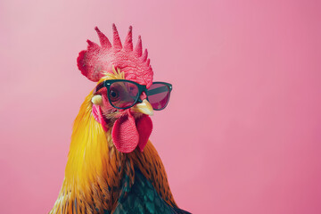 Surreal Rooster in Sunglasses on Pastel Background - Creative Animal Concept for Advertising and Editorial Use - Isolated with Copy Space - obrazy, fototapety, plakaty