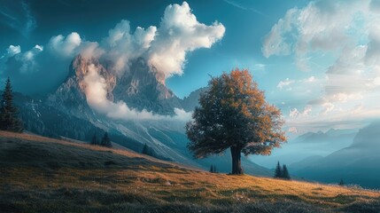 Beautiful mountain landscape tree dramatic sky