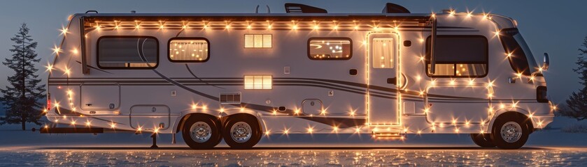 A white RV is decorated with Christmas lights