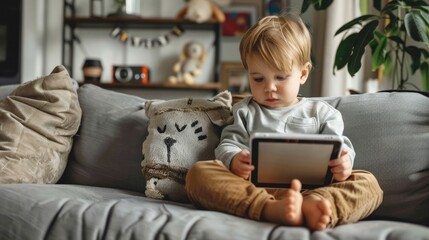 A toddler sits on a couch and watches a video on a tablet.
