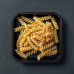 AI generated illustration of yellow macaroni in plastic tray on table surface - obrazy, fototapety, plakaty