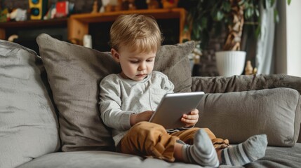 A toddler sits on a couch and plays with a tablet.