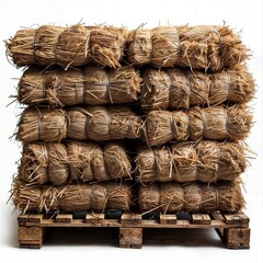 AI generated illustration of straw bundles and pallets on wooden pallets against white backdrop - obrazy, fototapety, plakaty