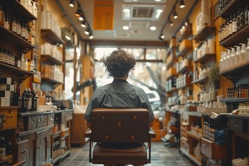 Fototapeta premium A well-groomed customer's point of view inside a stylish barbershop with vintage vibes and wooden shelving