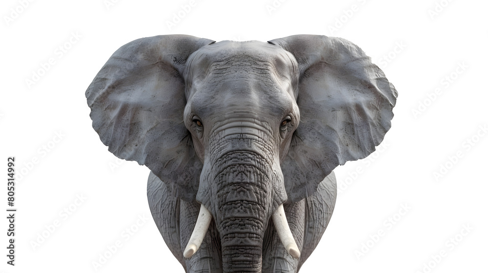 Wall mural close up of african elephant with tusks isolated on white