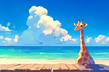 cartoon giraffe sitting on a beach pier