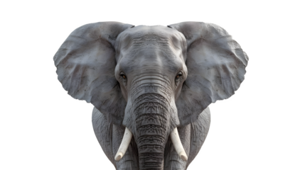 Close Up of African Elephant with Tusks isolated on white