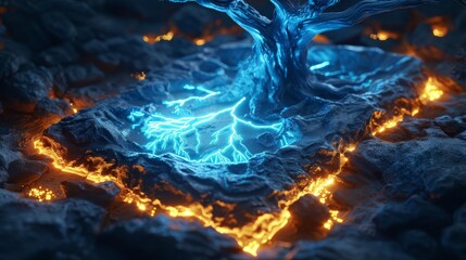 A blue tree with a blue trunk and branches is surrounded by orange lava