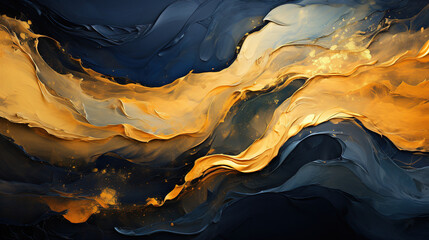 Obraz premium Beautiful Art of Gold and Blue Brush Stroke Artistic Curvy Acrylic Paint on Background