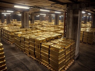 AI generated illustration of a warehouse interior filled with pallets stacked with gold bars