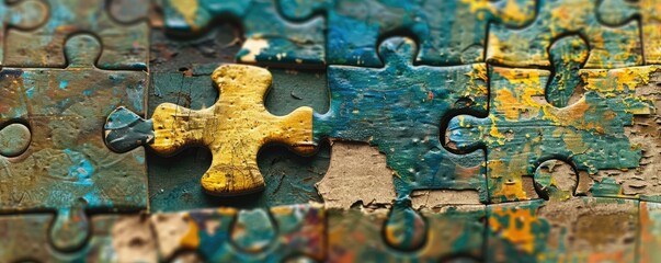 Close-up of colorful interlocking pieces of puzzle, showcasing texture and detail