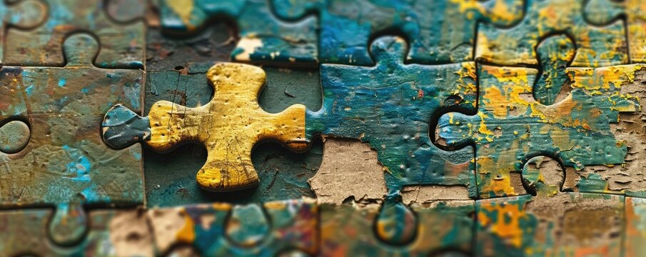 Close-up of colorful interlocking pieces of puzzle, showcasing texture and detail