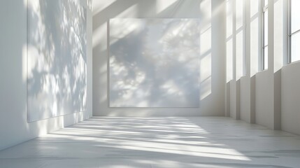 A white room with a large white wall and a white painting on it