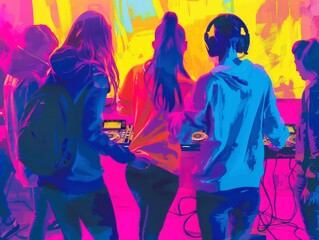DJ spinning tracks as teens dance. 