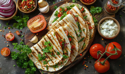 Quesadillas and vegetables on a dark background. Chicken quesadillas with paprika and cheese. Traditional Mexican food. Latin American cuisine concept.
