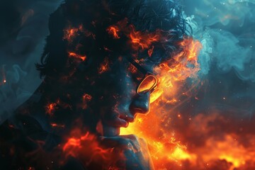 Fototapeta premium A digital art of a man’s profile engulfed in flames and smoke, symbolizing a fiery personality or burning thoughts
