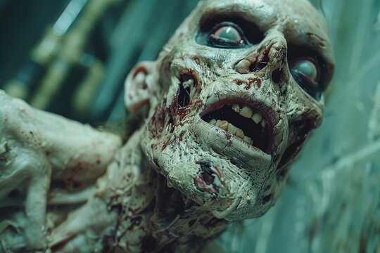 The photo features a gruesome zombie creature with blood and gore effects, creating a dramatic and horrific scene