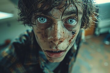 Intimate close-up of a young person's face with blood and dirt, exhibiting distress and a gripping visual story