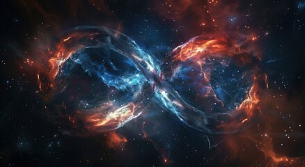 An infinity symbol with an outer space background, dark and colorful space.