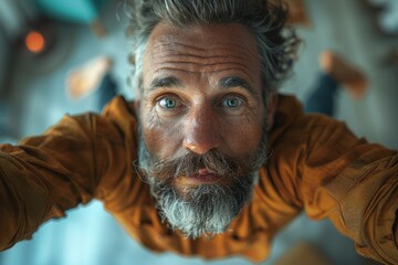 Fototapeta premium Dramatic angle of a grey-haired man looking upwards with a captivating gaze and an urban backdrop