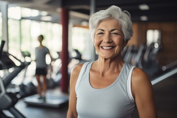 Fototapeta premium Agile Smiling senior woman training. Athletic older lady exercising cozy home. Generate AI