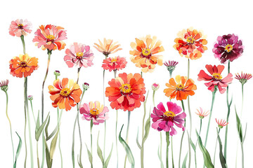Fototapeta premium Zinnias watercolor joy, summer encapsulated, isolated on white 