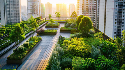 Eco-friendly rooftop garden in city. Carbon reduction and sustainable building for net-zero emissions and urban sustainability. CO2 reduction and global warming mitigation with green rooftop design.