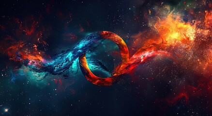 An infinity symbol with an outer space background, dark and colorful space.