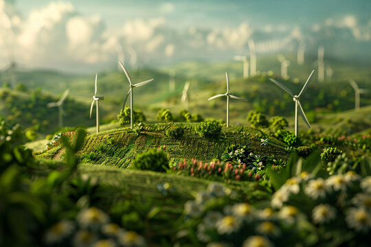 Miniature wind farm with tiny turbines in green fields. Renewable energy and sustainability. Clean energy and net zero emissions concept. Sustainable energy, renewable resources, and carbon neutrality