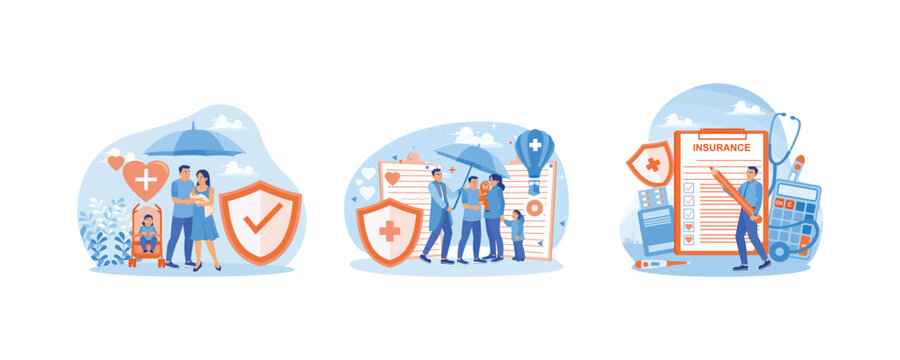 The family stands under the insurance umbrella. The doctor and patient fill out a health insurance contract. Modern healthcare. Health Insurance concept. Set flat vector illustration.