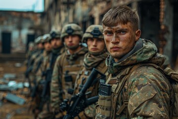 Fototapeta premium A soldier with blue eyes and focused expression stands in the foreground with his squad blurred in the background