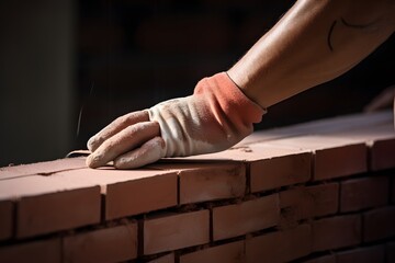 Obraz premium The hands of a construction worker are building a red brick wall.