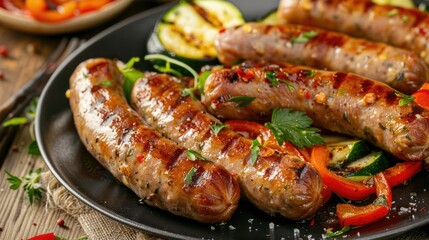 Sausages fried on fire in a plate with vegetables. Food for a picnic, a quick snack.