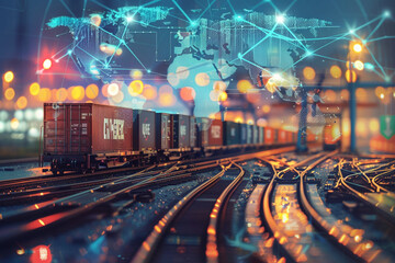 Zoomed-in image of a freight train loaded with containers, blurred map of global rail networks in the background 