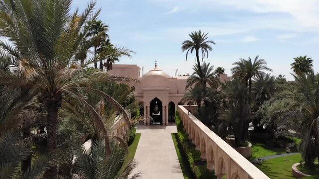 Palais Namaskar, Courtyard in luxurious Moroccan design, Drone view from Marrakech, Morocco
