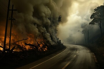 Fototapeta premium Remote Smoke land road. Big burned area turning gray pile ash and darkness. Generate AI