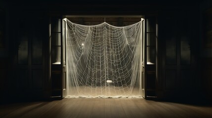 A fake spider web made from cotton stretched across a doorway