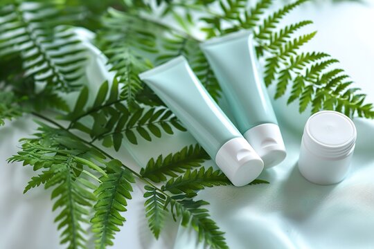 Green skincare products surrounded by fern leaves on silky fabri