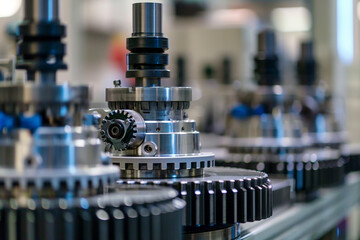 Fototapeta premium Zoomed-in image of an experimental gear setup in a testing facility, focus on the gear teeth engagement 