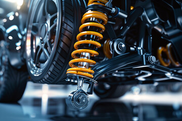 Zoomed-in image of an innovative shock absorber system on a performance vehicle, suspension details...