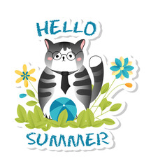 Sticker with cute smart little cat sitting in the flowers.