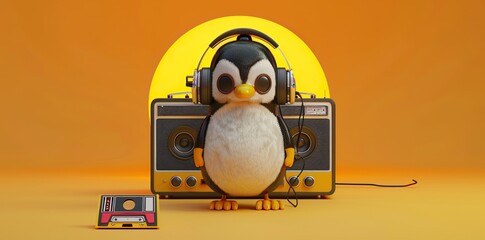 cute penguin with headphones on a yellow background