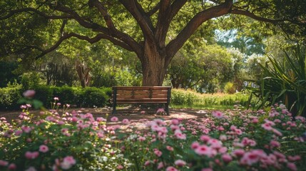 Beneath the lush canopy of a tree in a serene park setting, there is a wooden bench surrounded by delicate pink flowers