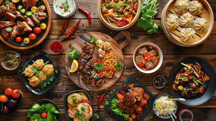 Vibrant Chinese banquet with steaming plates on rustic wood