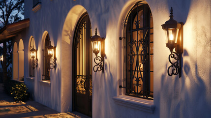 The detailed stucco texture of a white Spanish Colonial revival house at night, with warm lighting...